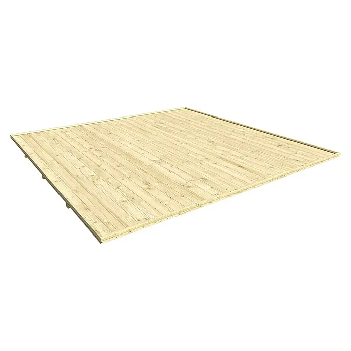 Gartenhaus-Fußboden - Passend für: Weka Gartenhäuser Batu Stella und Nika 2 - Rechteckiger heller Holzunterbau aus Brettern, schräge Ansicht. Ideal für Gartenhäuser oder Terrassen.