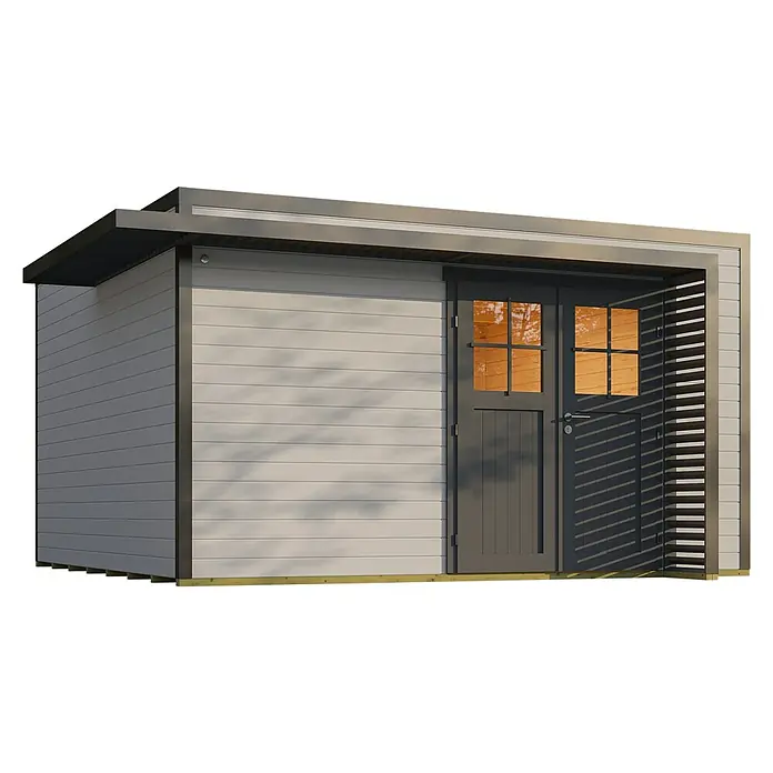 Weka Gartenhaus Pure Garden Amberley - Außenmaß inkl. Dachüberstand (B x T): 450 x 455 cm, Holz, Grau/Anthrazit, Ohne Fenster - Modernes Gartenhaus mit hellgrauer horizontaler Verkleidung, dunkelgrauem Rand, Dach und Doppeltüren mit Fenstern.