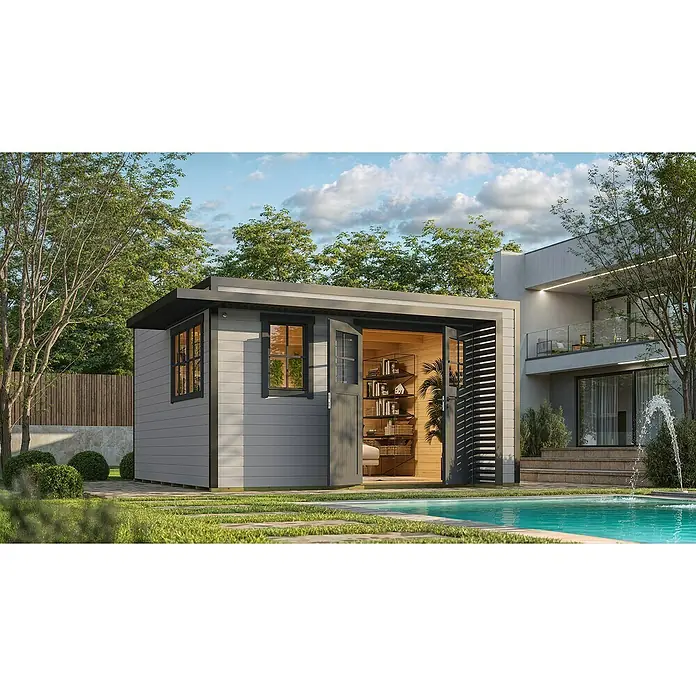 Weka Gartenhaus Pure Garden Amberley - Außenmaß inkl. Dachüberstand (B x T): 450 x 455 cm, Holz, Grau/Anthrazit, Mit Fenster - Moderner grauer Gartenpavillon mit offenen Türen, der ein Holzinterieur zeigt, neben einem Pool.