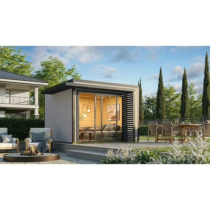 Weka Gartenhaus Pure Garden Amberley - Außenmaß inkl. Dachüberstand (B x T): 350 x 353 cm, Holz, Grau, Mit bodentiefen Doppelschiebetüren - Ein modernes Gartenhaus mit großen Glasschiebetüren und gemütlichem Interieur, auf einer geräumigen Terrasse mit Feuerstelle.