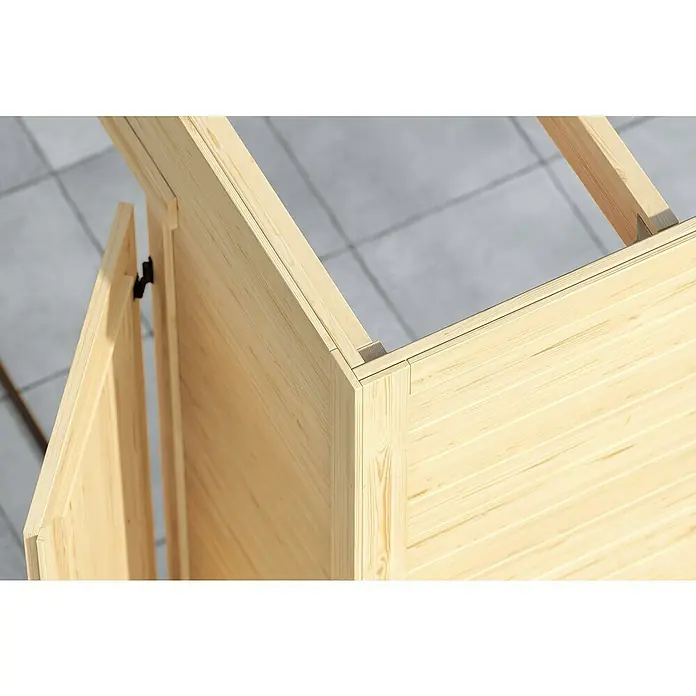 Weka Gerätehaus Batu Stella - Außenmaß inkl. Dachüberstand (B x T): 250 x 207,4 cm, Holz, Dunkelgrau - Leichte Holzkonstruktion mit sichtbaren Holzverbindungen und teilweise offener Scharniertür.