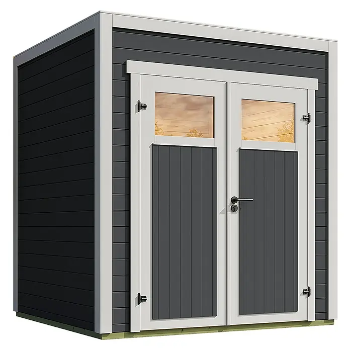 Weka Gerätehaus Batu Nika 1 - Außenmaß inkl. Dachüberstand (B x T): 200 x 207,4 cm, Holz, Dunkelgrau - Dunkelgraues Gerätehaus mit weißen Zierleisten, Doppeltüren mit Fenstern und unteren Paneelen, auf Holzsockel.