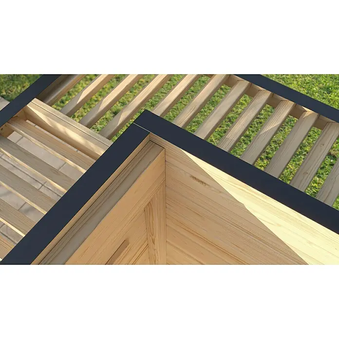 Weka Gartenhaus Pure Garden Amberley - Außenmaß inkl. Dachüberstand (B x T): 289 x 289 cm, Holz, Naturbelassen - Eckteil eines modularen Holz-Pflanzkastens mit Naturholzlamellen und dunkelgrauem Rahmen.