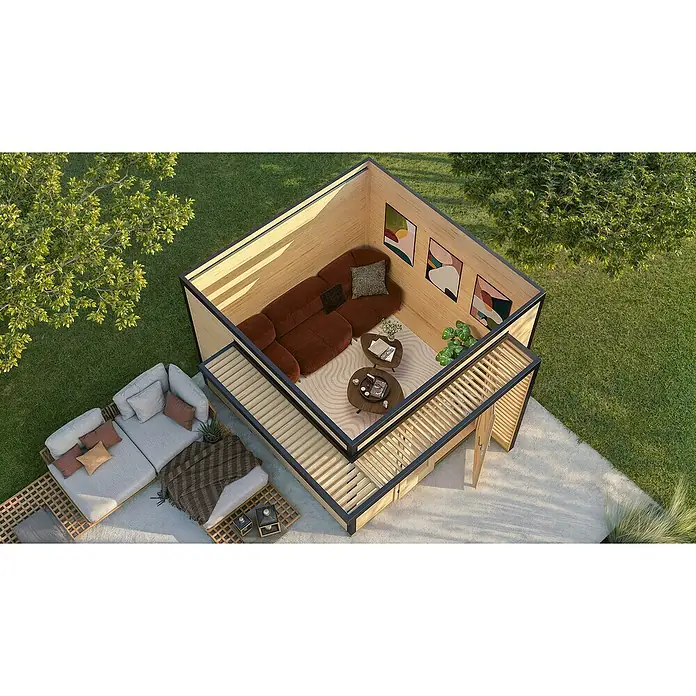 Weka Gartenhaus Pure Garden Amberley - Außenmaß inkl. Dachüberstand (B x T): 350 x 353 cm, Holz, Grau/Anthrazit, Ohne Fenster - Modernes Gartenhaus aus Holz mit dunklem Rahmen, gemütlichem Sofa innen und Außenlounge auf einer Terrasse.