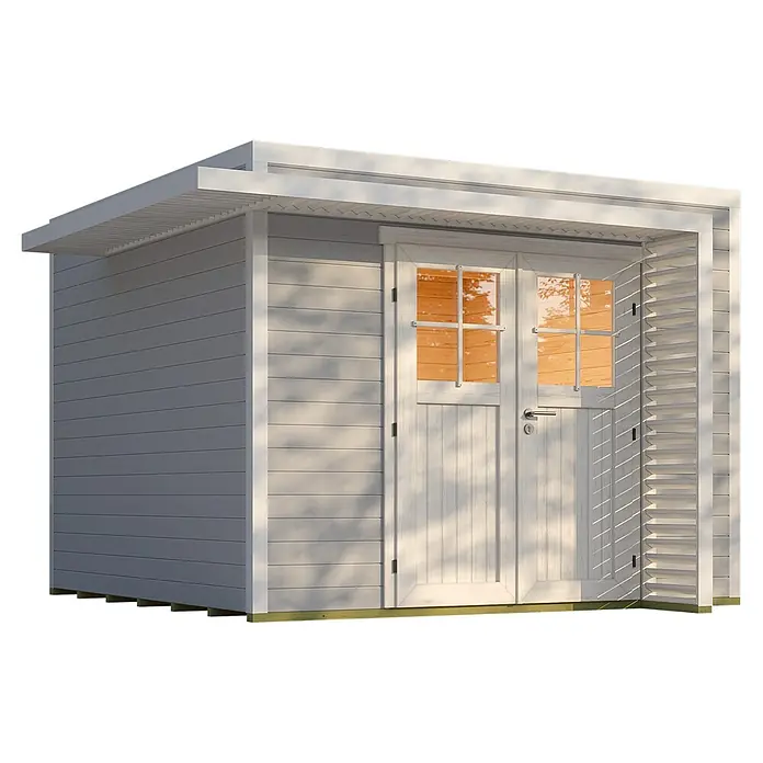 Weka Gartenhaus Pure Garden Amberley - Außenmaß inkl. Dachüberstand (B x T): 350 x 353 cm, Holz, Grau/Weiß, Ohne Fenster - Modernes hellgraues Holzgartenhaus mit weißem Rahmen und Doppeltür mit Glaspaneelen.