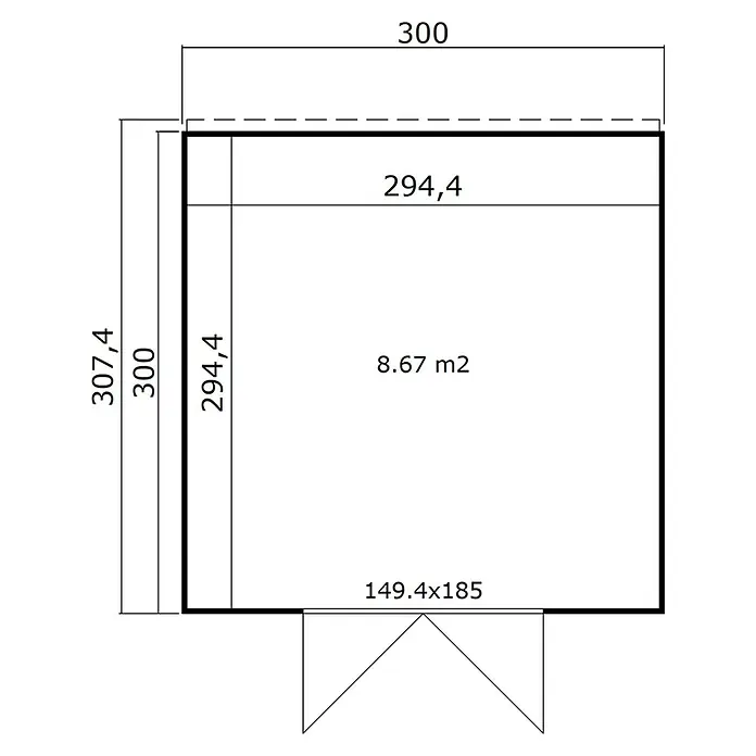 Weka Gerätehaus Batu Stella 3 - Außenmaß inkl. Dachüberstand (B x T): 300 x 304,6 cm, Holz, Naturbelassen - Technische Zeichnung eines Grundrisses mit Innenmaßen 294,4x294,4 und einer Fläche von 8,67 m².