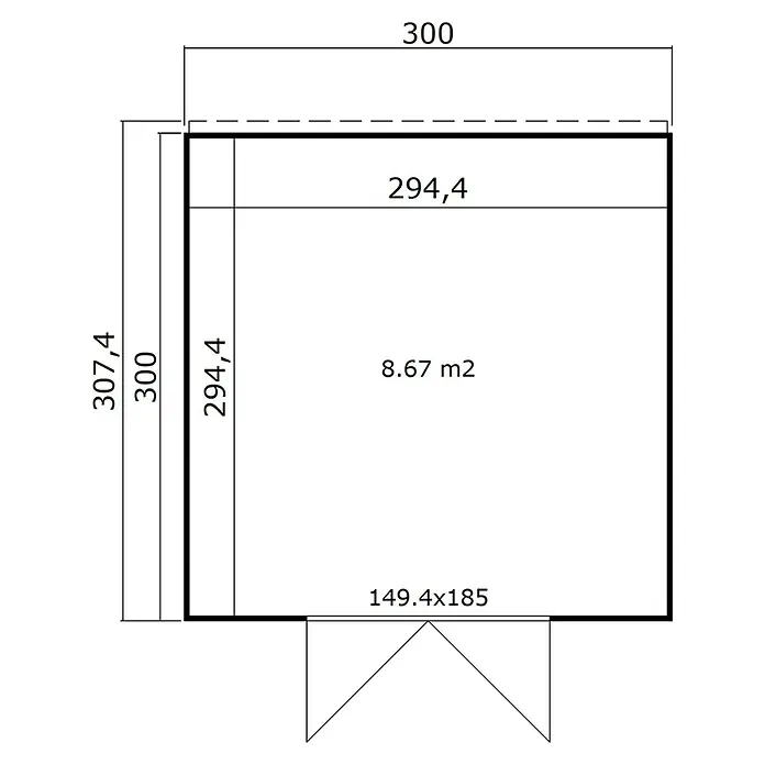 Weka Gerätehaus Batu Nika 3 - Außenmaß inkl. Dachüberstand (B x T): 300 x 304,6 cm, Holz, Naturbelassen - Grundriss mit Außenmaßen 300x307,4, Innenmaßen 294,4x294,4 und einer Fläche von 8,67 m². Türöffnung eingezeichnet.