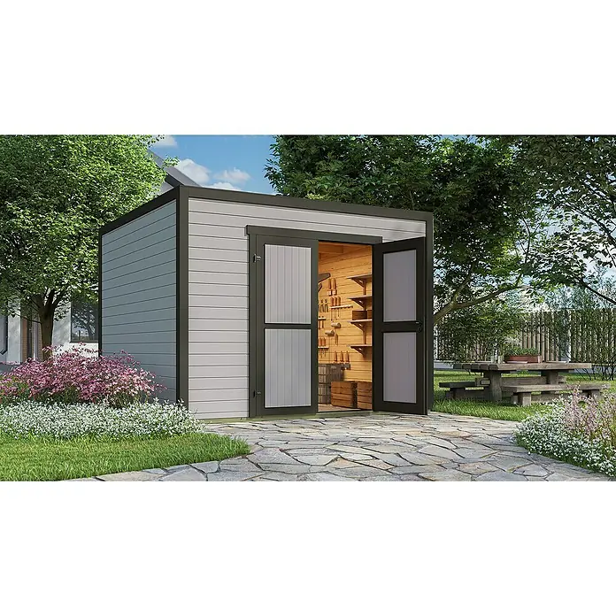 Weka Gerätehaus Batu Stella 3 - Außenmaß inkl. Dachüberstand (B x T): 300 x 304,6 cm, Holz, Hellgrau - Moderner hellgrauer Gartenhaus mit dunkler Verkleidung, offene Türen zeigen organisiertes Holzinterieur mit Werkzeugen und Regalen.