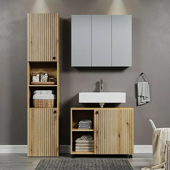 Trendteam Niklas Spiegelschrank - B x H: 80 x 67 cm, Evoke Eiche - Badezimmer-Set mit Waschtischunterschrank, Hochschrank und Hängeschrank in modernem Design für ein stilvolles Ambiente.