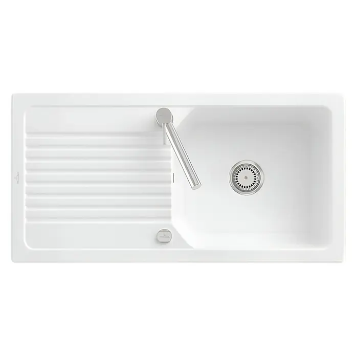 Villeroy & Boch Einbauspüle Linara - 100 x 51 cm, Keramik, Weiß - Weiße Küchenspüle mit Abtropffläche, integrierter Armatur und Chromablauf.