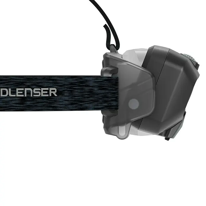 Ledlenser Stirnlampe HF8R Core - 1.600 lm, IP68 - Dunkelgraue Stirnlampe mit durchsichtigem Gehäuse und schwarzem Band mit 'DLENSER'-Schriftzug.