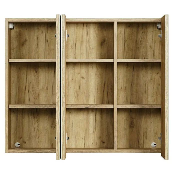 Trendteam Niklas Spiegelschrank - B x H: 80 x 67 cm, Evoke Eiche - Helles Eichenschrank mit zwei geöffneten Türen, der Regale, Scharniere und Magnetverschlüsse im Inneren zeigt.
