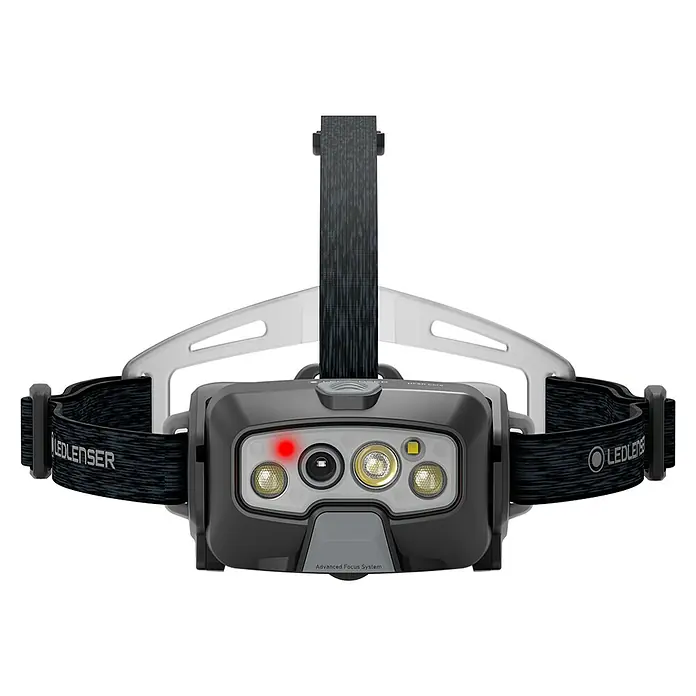 Ledlenser Stirnlampe HF8R Core - 1.600 lm, IP68 - Dunkelgraue Ledlenser Stirnlampe mit schwarzem Textilband und hellgrauem Rahmen, ausgestattet mit LEDs und fortschrittlichem Fokussystem.