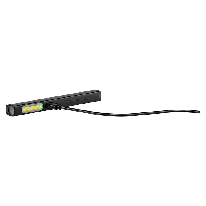Ledlenser LED-Arbeitsleuchte Stiftleuchte W2R Work - 160 lm, Lichtfarbe: Kaltweiß, IP54 - Schwarze, rechteckige LED-Taschenlampe mit eingestecktem Ladekabel, grüner Anzeigeleuchte und gelbem Leuchtstreifen.