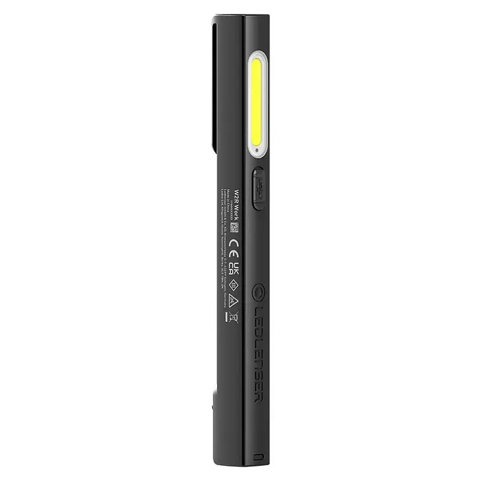 Ledlenser LED-Arbeitsleuchte Stiftleuchte W2R Work - 160 lm, Lichtfarbe: Kaltweiß, IP54 - Dunkelgraue Ledlenser W2R Work Taschenlampe mit gelbem LED-Streifen und USB-Anschluss, zeigt eingravierte Produktdetails.