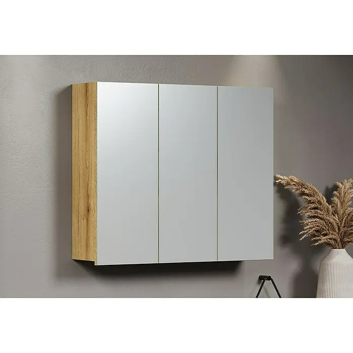 Trendteam Niklas Spiegelschrank - B x H: 80 x 67 cm, Evoke Eiche - Dreitüriger Spiegelschrank mit Holzrahmen, ideal für die Badezimmeraufbewahrung. Er bietet Funktionalität und Stil.