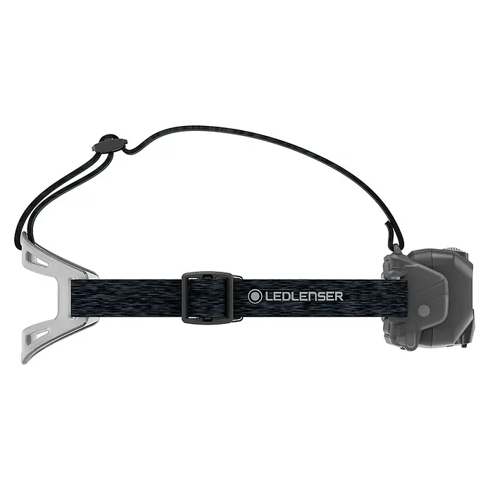 Ledlenser Stirnlampe HF8R Core - 1.600 lm, IP68 - Seitenansicht einer dunkelgrauen Ledlenser Stirnlampe mit grauem Kunststoffgehäuse und schwarzen elastischen Kopfbändern.