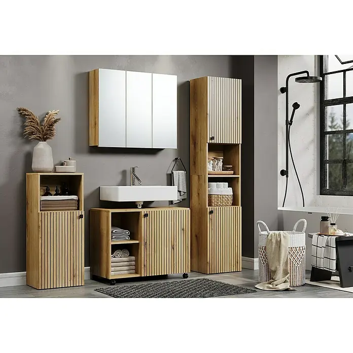 Trendteam Niklas Spiegelschrank - B x H: 80 x 67 cm, Evoke Eiche - Badezimmer-Interieur mit Waschtisch, Spiegelschrank und Hochschrank in Holzoptik. Moderne Badmöbel für stilvolle Einrichtung.