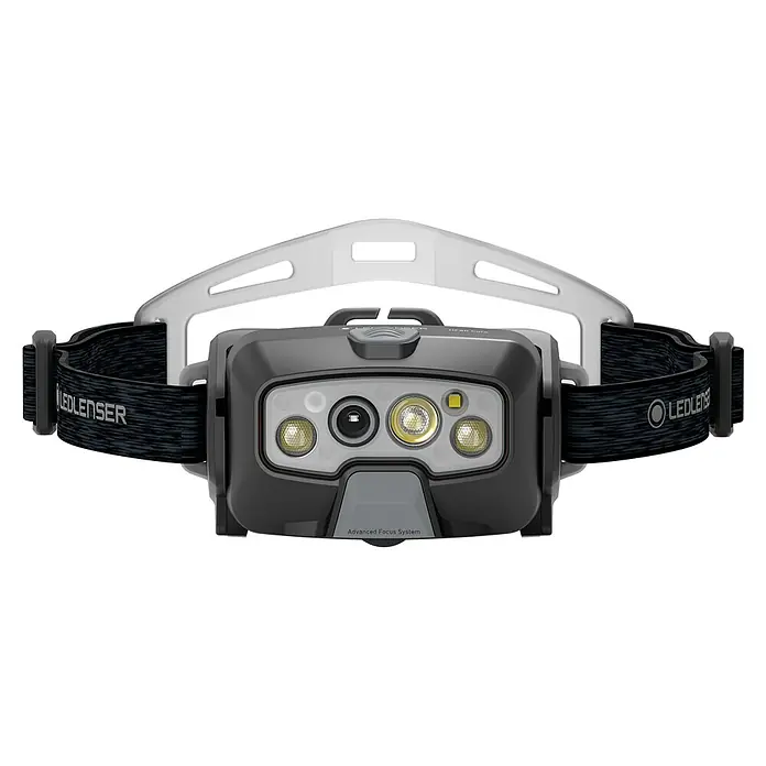 Ledlenser Stirnlampe HF8R Core - 1.600 lm, IP68 - Dunkelgraue LEDLENSER Stirnlampe mit mehreren Lichtern, weißem Überkopfband und texturiertem Elastikband.