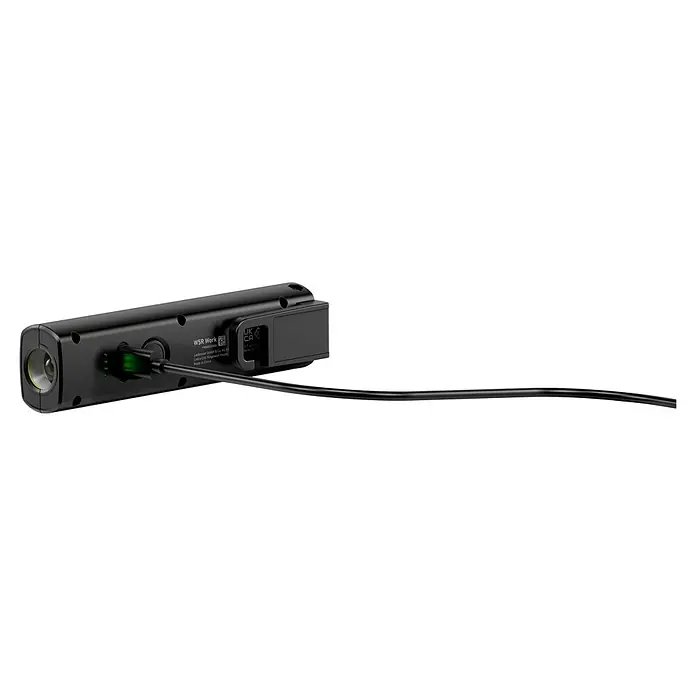 Ledlenser LED-Arbeitsleuchte W5R Work - 600 lm, Lichtfarbe: Kaltweiß, IP54 - Schwarze zylindrische Arbeitsleuchte oder Gerät mit Linse, grünen Kontrollleuchten und einem angeschlossenen schwarzen Kabel.
