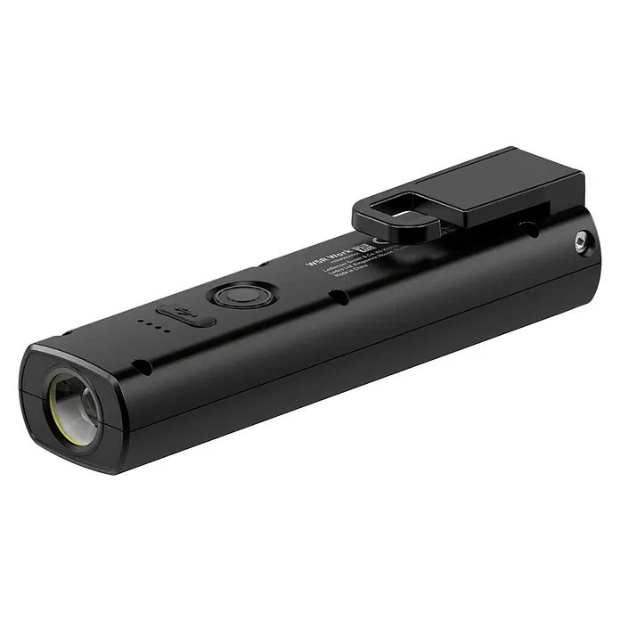 Ledlenser LED-Arbeitsleuchte W5R Work - 600 lm, Lichtfarbe: Kaltweiß, IP54 - Schwarze, rechteckige Ledlenser W5R Work LED-Arbeitsleuchte mit Linse, Tasten und Clip.