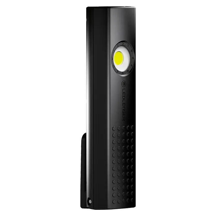 Ledlenser LED-Arbeitsleuchte W5R Work - 600 lm, Lichtfarbe: Kaltweiß, IP54 - Schwarze, rechteckige LED-Arbeitsleuchte mit runder Hauptlampe und strukturiertem Griff.