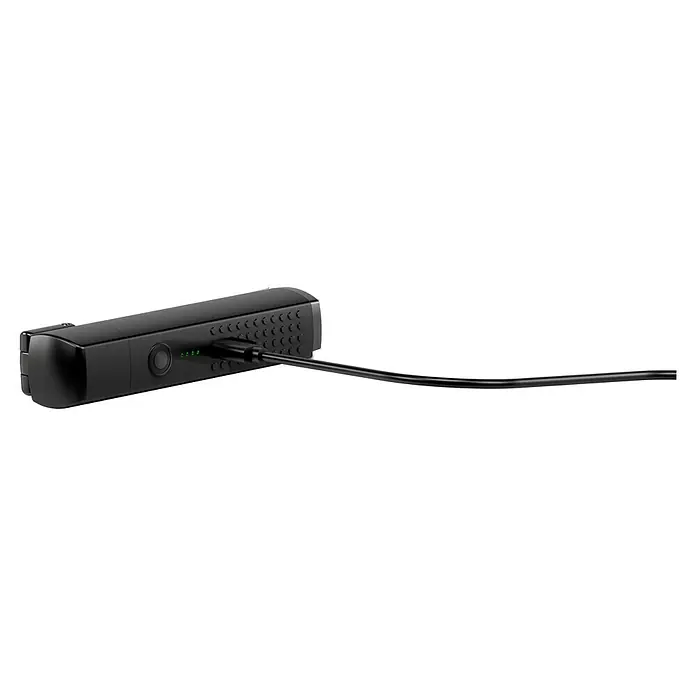 Ledlenser LED-Arbeitsleuchte W6R Work - 500 lm - 600 lm, Lichtfarbe: Kaltweiß, IP54 - Schwarzes elektronisches Gerät mit verbundenem schwarzem Kabel und grünen Anzeigeleuchten.