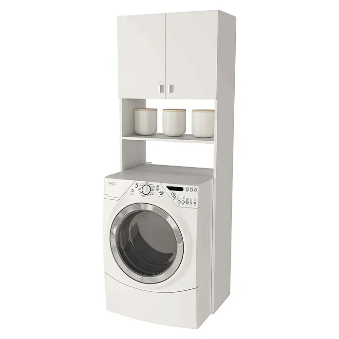 Meka Block Mueble auxiliar sobre lavadora - L x An x Al: 35,6 x 75 x 180 cm, Blanco - Armario de lavandería blanco con dos armarios superiores, un estante con tres botes blancos y una lavadora de carga frontal integrada.