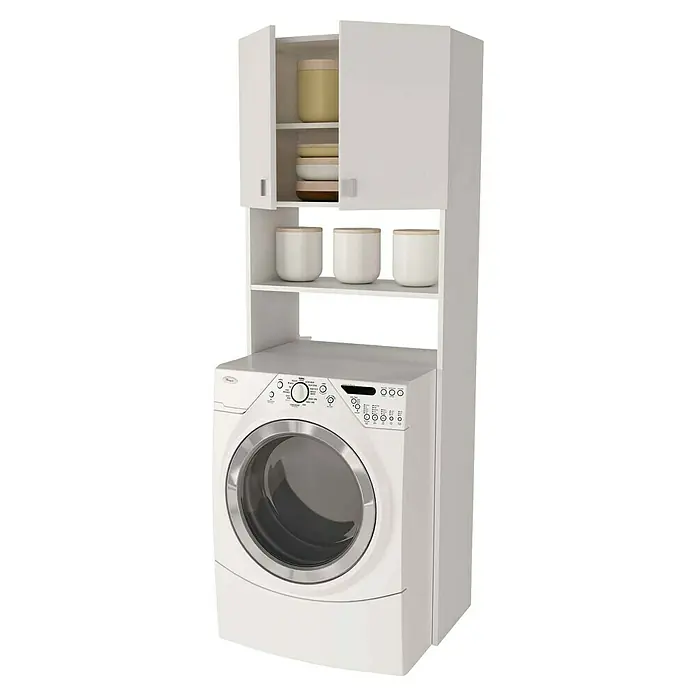 Meka Block Mueble auxiliar sobre lavadora - L x An x Al: 35,6 x 75 x 180 cm, Blanco - Centro de lavado blanco con lavadora de carga frontal y gabinetes superiores.