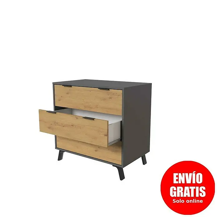 Meka Block Cómoda K-629 - L x An x Al: 48 x 80 x 78,2 cm, Gris París/Roble Albar, Número de cajones: 3 ud. - Cómoda gris con tres cajones, uno de ellos abierto, para almacenamiento adicional y un aspecto moderno.