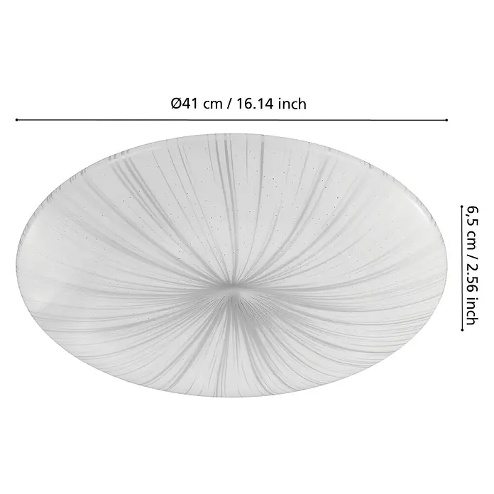 Eglo LED-Deckenleuchte rund Nieves - 24 W, Ø x H: 410 mm x 6,5 cm, Weiß, Silber, Weiß, Warmweiß - Nahaufnahme der Deckenleuchte mit den Maßen Ø41 cm / 16.14 inch und 6,5 cm / 2.56 inch für den deutschen Markt.