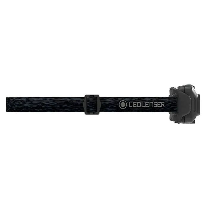 Ledlenser Stirnlampe HF4R Core - 500 lm, IP68 - Dunkelgraue LEDLENSER Stirnlampe mit texturiertem dunklen Band und schwarzer Schnalle, von der Seite gesehen.