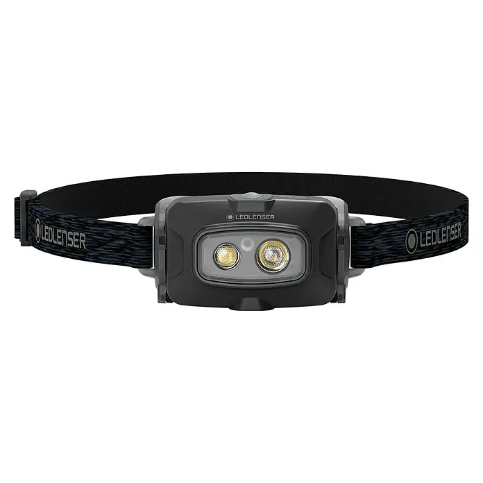 Ledlenser Stirnlampe HF4R Core - 500 lm, IP68 - Dunkelgraue Stirnlampe mit schwarzem und grau gemustertem Kopfband. Verfügt über zwei beleuchtete LED-Linsen für freihändige Beleuchtung.