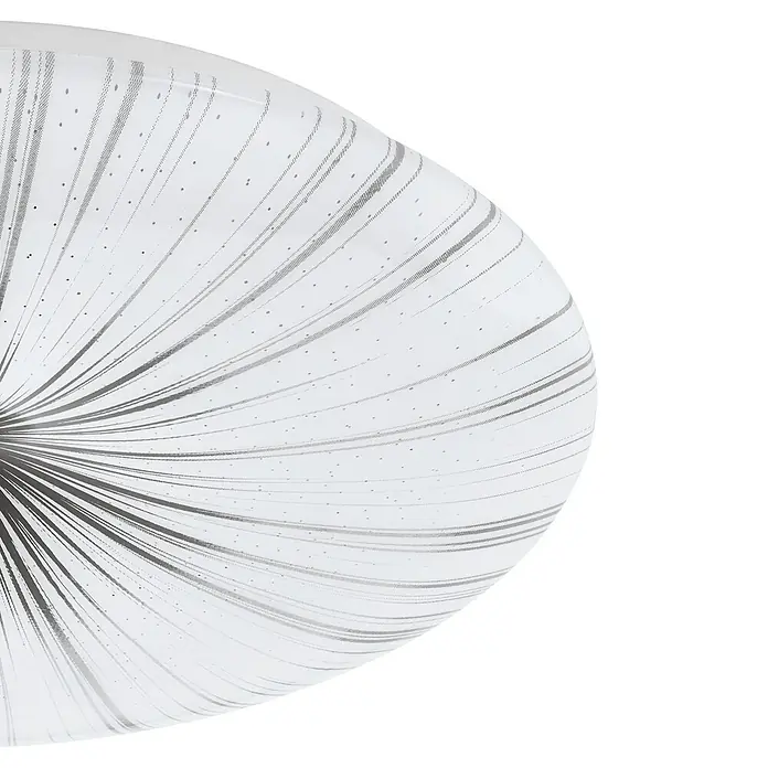 Eglo LED-Deckenleuchte rund Nieves - 24 W, Ø x H: 410 mm x 6,5 cm, Weiß, Silber, Weiß, Warmweiß - Nahaufnahme einer modernen, runden Deckenleuchte mit strahlenförmigem Muster und subtilen silbernen Akzenten. Stilvolles Design für jeden Raum.