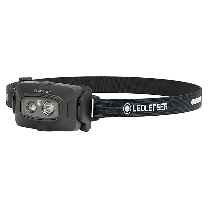 Ledlenser Stirnlampe HF4R Core - 500 lm, IP68 - Dunkelgraue Stirnlampe mit zwei sichtbaren Lichtern und schwarzem, gemustertem Elastikband mit Ledlenser-Logo.