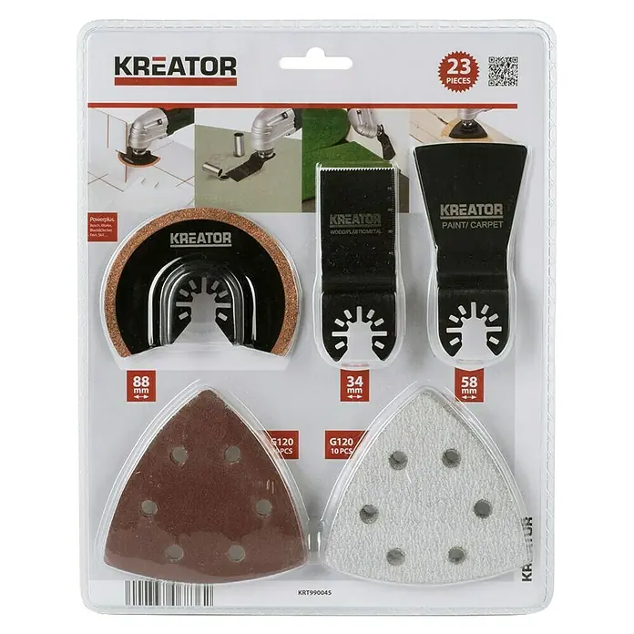 Kreator Kit de accesorios - 23 pzs. - Imagen de un paquete de accesorios multiherramienta Kreator con 23 piezas que incluyen varias hojas y almohadillas de lijado.