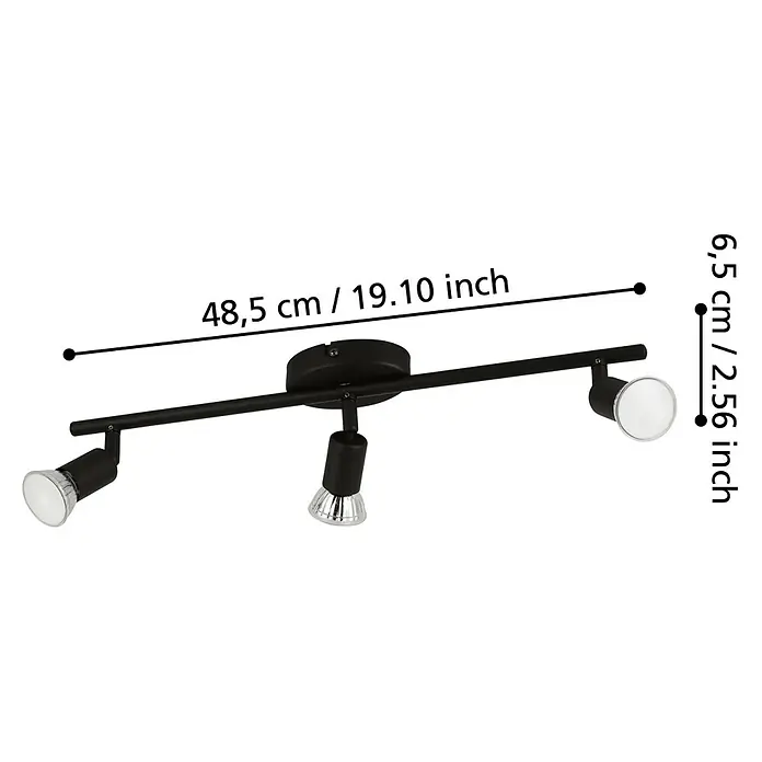 Eglo LED-Deckenstrahler BUZZ-LED - 9 W, Schwarz, 3 Stk. - Abbildung einer schwarzen dreiflammigen Deckenleuchte, mit Angabe der Maße: 48,5 cm Länge und 6,5 cm Höhe.