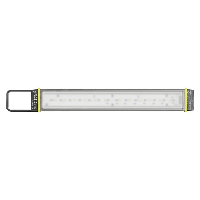 Ledlenser LED Baustrahler AF2R WORK - 1.000 lm, 6.000 K - 7.000 K, 4,6 x 3,8 x 24,8 cm, IP54 - Rechteckige graue LED-Arbeitsleuchte aus Metall mit weißem Lichtfeld, gelben Endbändern und integriertem Griffbügel.