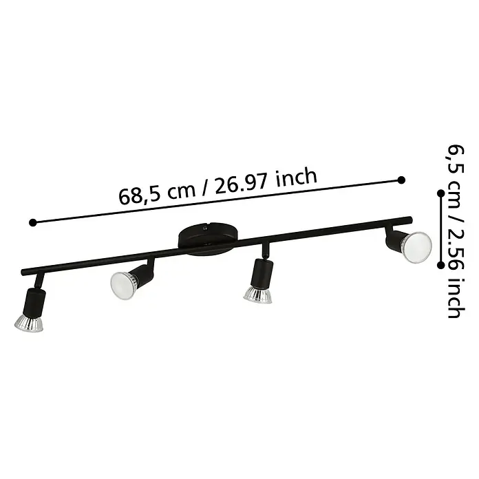 Eglo LED-Deckenstrahler BUZZ-LED - 12 W, Schwarz, 4 Stk. - Schwarze Strahlerleuchte mit vier Spots und den Maßangaben 68,5 cm und 6,5 cm.