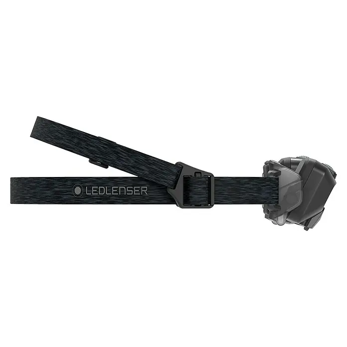Ledlenser Stirnlampe HF6R Core - 800 lm, IP68 - Schwarzes, strukturiertes Stirnlampenband mit LEDLENSER-Logo und dunkelgrauer Stirnlampeneinheit.