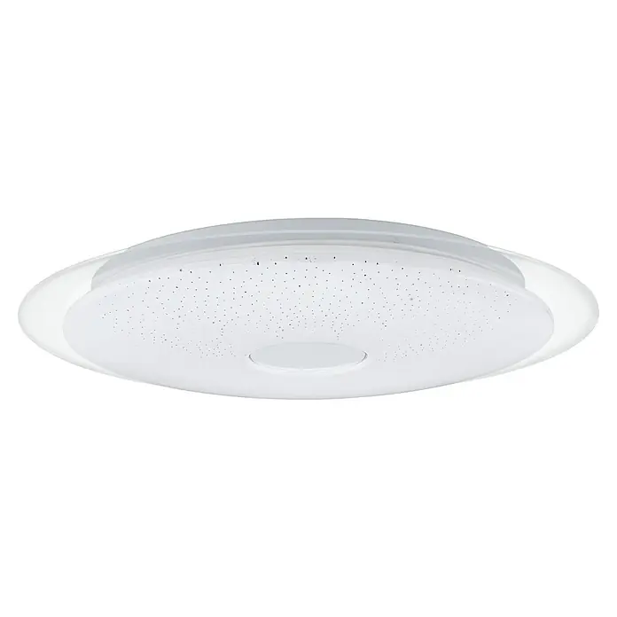 Eglo LED-Deckenleuchte rund Igroka - 18,8 W, Ø x H: 40 x 6 cm, Weiß, Warmweiß - Nahaufnahme einer modernen, runden LED-Deckenleuchte in Weiß mit Sternenmuster, die eine stilvolle Beleuchtungslösung darstellt.