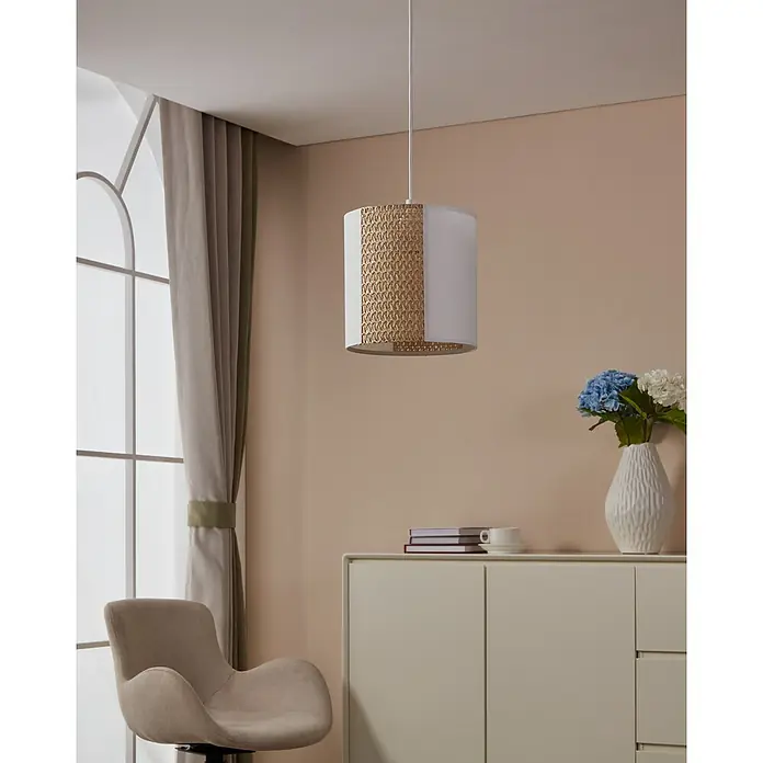Eglo Pendelleuchte ARNHEM - 40 W, Weiß, E27, 1 Stk. - Moderne Pendelleuchte mit zylindrischem Schirm in Weiß und Goldmuster, hängt elegant im Raum.