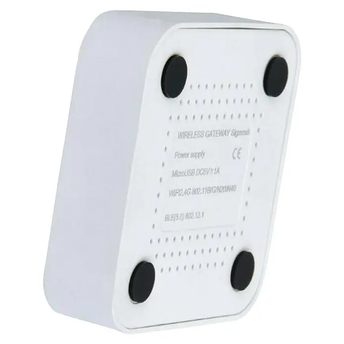 Lutec Conector de red - L x An x Al: 1,6 x 6 x 6 cm - Detalle de la parte inferior de una pasarela inalámbrica blanca, con especificaciones técnicas y pies de goma.