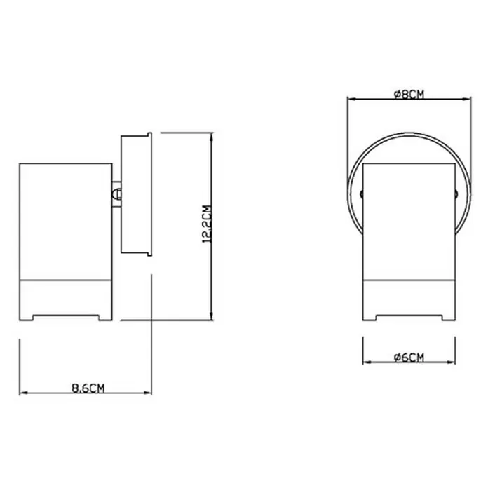 Globo Aplique exterior Cotopa - 5 W, 8 x 8 x 12,2 cm, Negro, IP44 - Ilustración de una lámpara de pared, con medidas de 8,6 cm x 12,2 cm y diámetros de 8 cm y 6 cm.