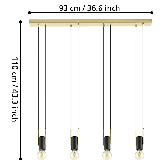 Eglo Pendelleuchte BITACHITO - 40 W, L x B x H: 93 x 55 x 110 cm, Schwarz/Messing, E27 - Bild einer Hängelampe mit den Maßen 93cm Breite und 110cm Höhe.