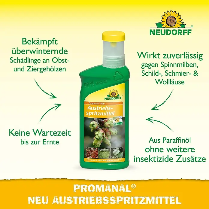 Neudorff Promanal Austriebsspritzmittel - 500 ml - Bild einer Flasche Promanal Neu Austriebsspritzmittel, einem Schädlingsbekämpfungsmittel für Obst- und Ziergehölze von Neudorff.
