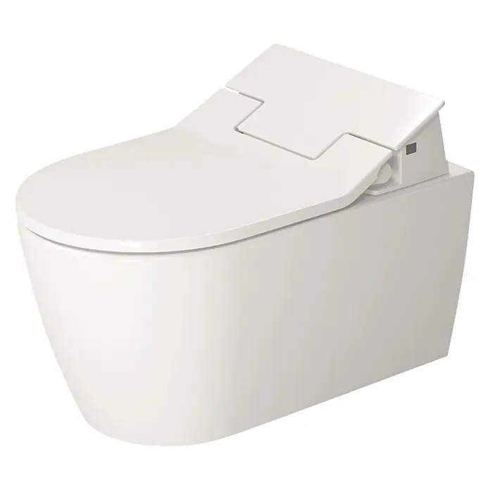 Duravit ME by Starck Wand-WC Typ 2 - Spülrandlos, Ohne Spezialglasur, Spülform: Tief, WC Abgang: Waagerecht, Weiß - Das Bild zeigt eine moderne, wandhängende Toilette in Weiß mit einem intelligenten Toilettendeckel, ideal für jedes Badezimmerdesign.