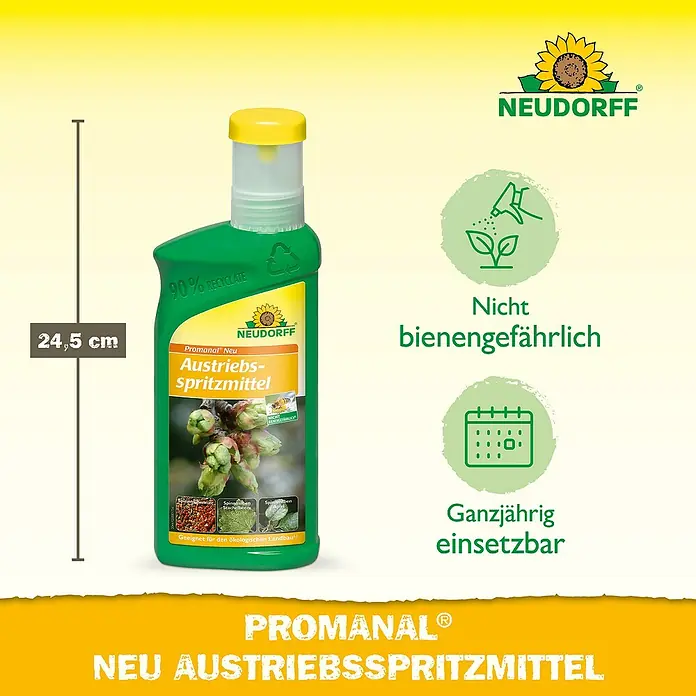 Neudorff Promanal Austriebsspritzmittel Neu - Nettovolumen: 500 ml - Abbildung einer Flasche Promanal Neu Austriebsspritzmittel von Neudorff mit Hinweisen zur Anwendung und Eigenschaften.