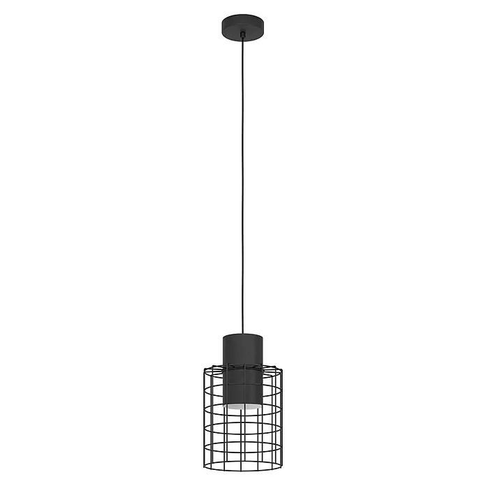 Eglo Pendelleuchte rund MILLIGAN - 40 W, Ø x H: 200 mm x 110 cm, Schwarz/Weiss, E27 - Eine moderne Hängelampe in Schwarz, bestehend aus einem zylindrischen Lampenschirm mit Käfigstruktur und einer runden Deckenhalterung.