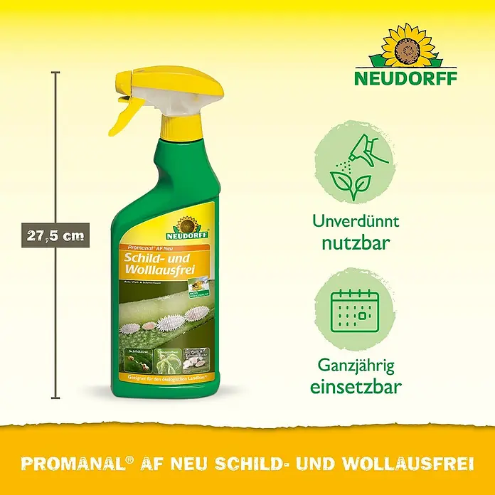 Neudorff Promanal Schild- & Wolllausfrei - 500 ml - Produktfoto: Neudorff Promanal AF Neu Schild- und Wolllausfrei, ein Schädlingsbekämpfungsmittel mit einer Höhe von 27,5 cm.
